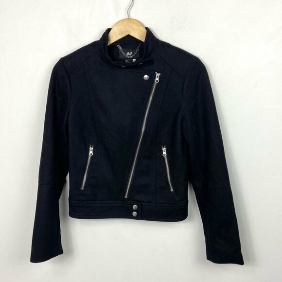 H&M Lana Del Ray Black Moto Biker Jacket Zipper Size 4 Zipper Cuffs Thick Fabric - Picture 9 of 13
